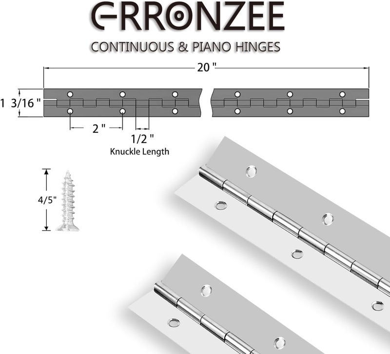GRRONZEE 2PCS 20Inch Piano Hinge, Stainless Steel Continuous & Piano Hinges, Heavy Duty Continuous Hinge with Hole, 0.04" Leaf Thickness, 1 3/16" Open Width, 5/64" Pin Dia, 1/2" Knuckle Length, Screws included - Image 2